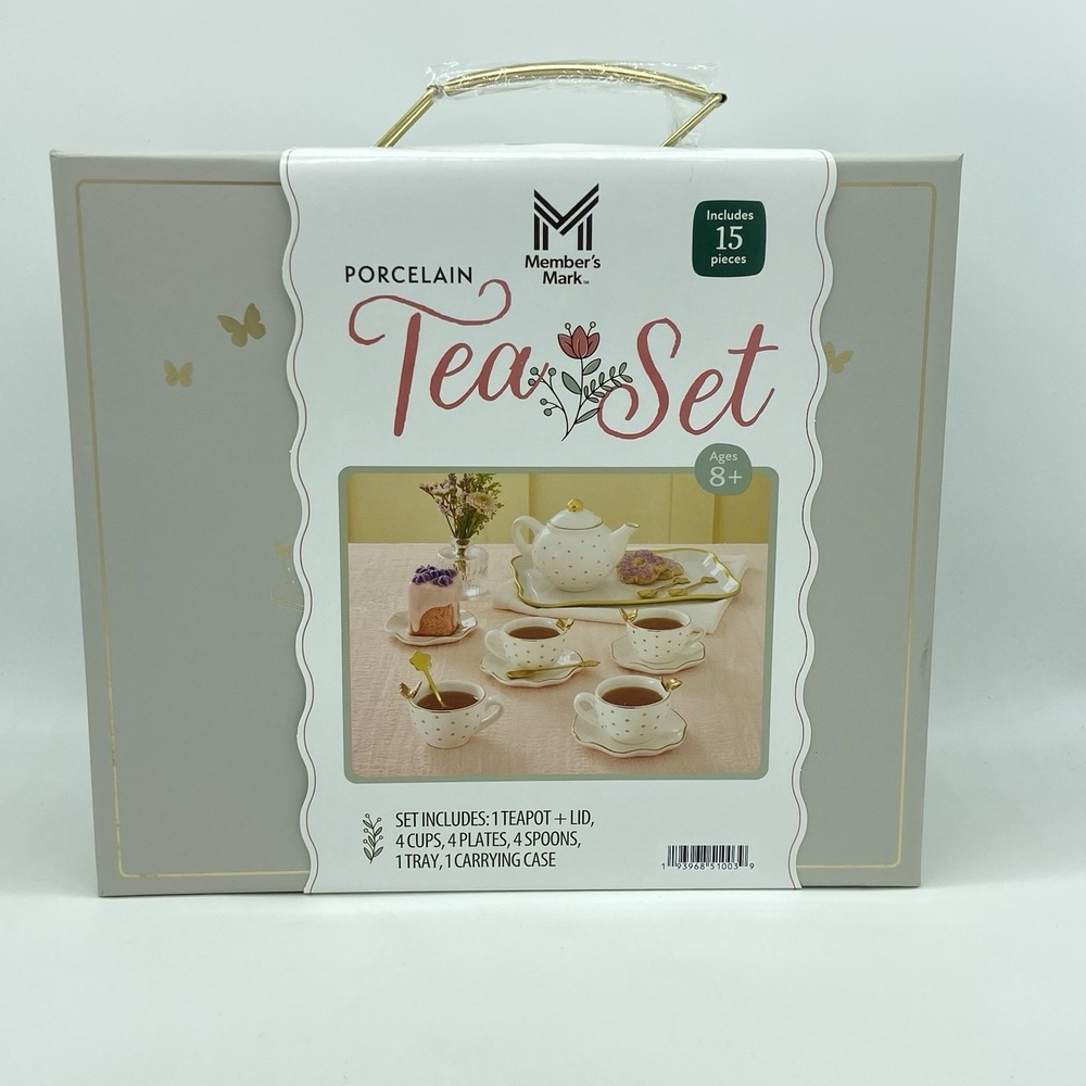 Members Mark Porcelain Tea Set 15 Pc Pretend Play Gold Trim Teacups Cups Tray